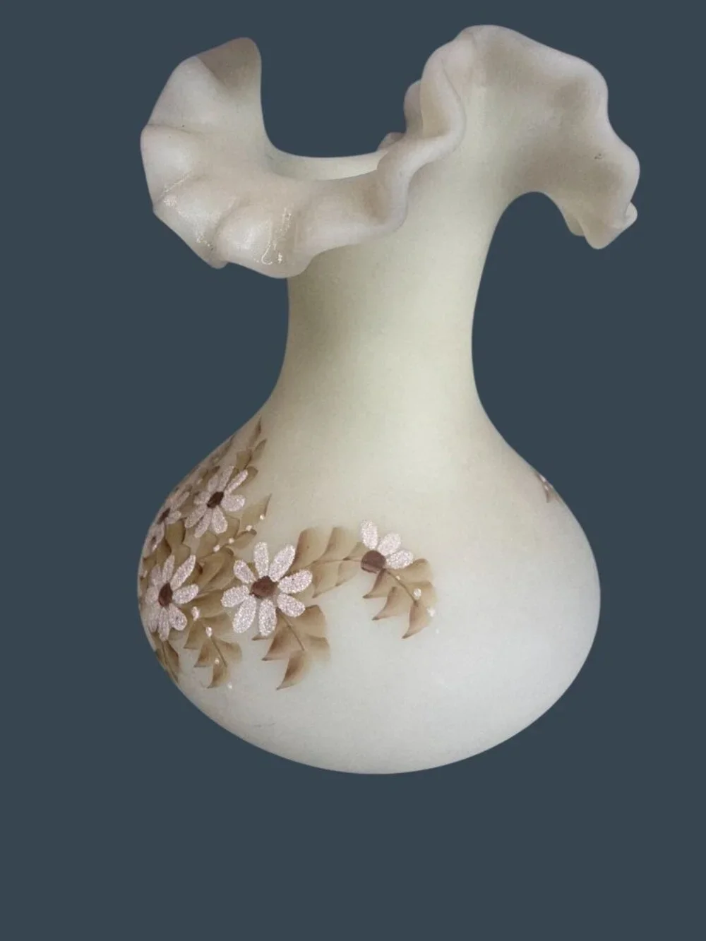 Vintage Fenton Custard Satin Uranium Glass Hand Painted Vase Alexis J Knopp UV